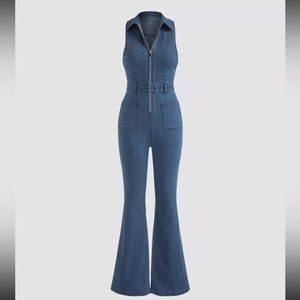Denim collar flare leg jumpsuit